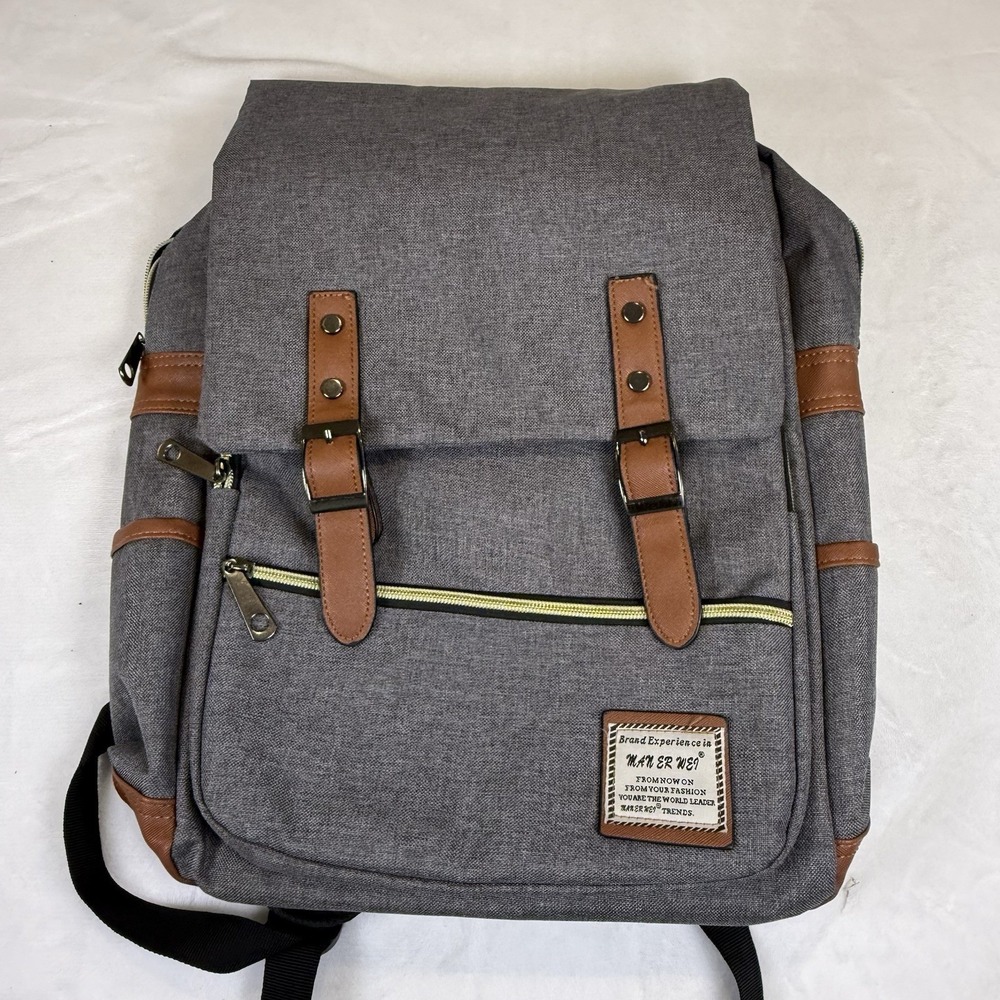 Gray Canvas Laptop Backpack Travel School Book Bag Faux Leather Trim‎